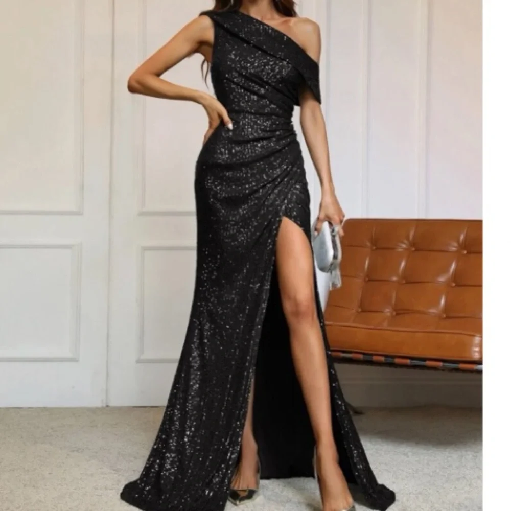 Luxe off shoulder slit thigh party formal holidays Evening sequins dress